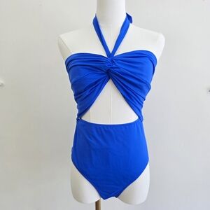 Zara Bright Blue Twist Halter Cutout One-Piece Swimsuit
